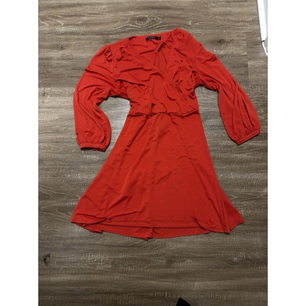 Lauren Ralph Lauren Orange Red Surplice Jersey Flutter-Sleeve Belted Dress 18 W - Picture 2 of 5